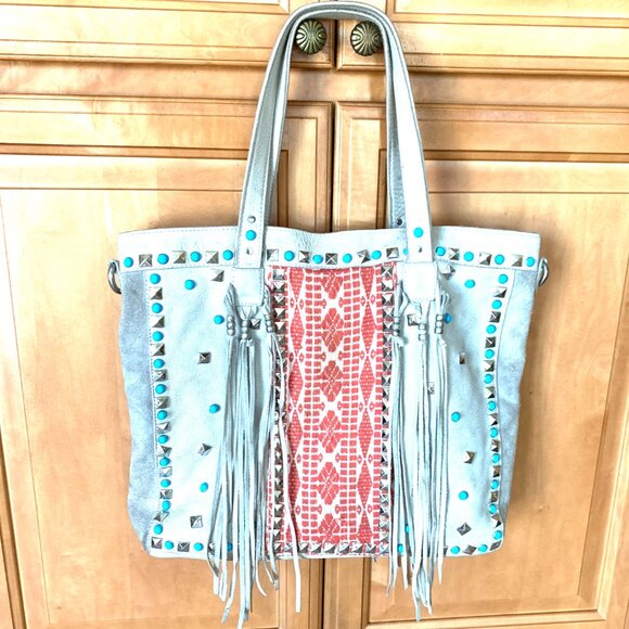 Free People Boho Leather & Suede Studded Tassel Tote – Turquoise & Rust Embroide - Picture 9 of 10